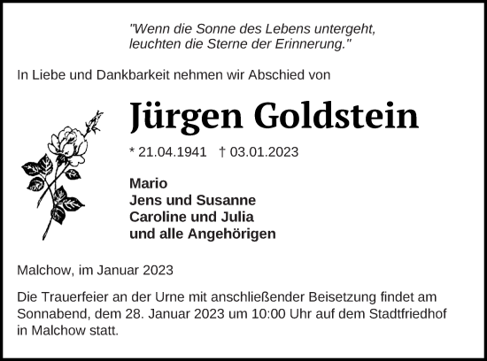 Traueranzeige von Jürgen Goldstein von Müritz-Zeitung