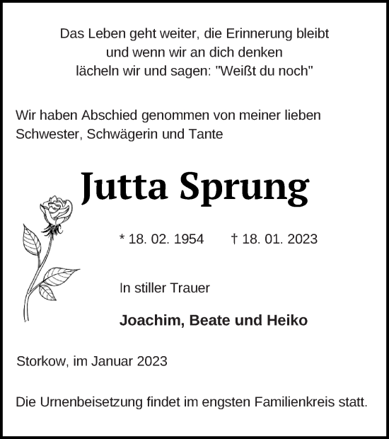 Traueranzeige von Jutta Sprung von Templiner Zeitung