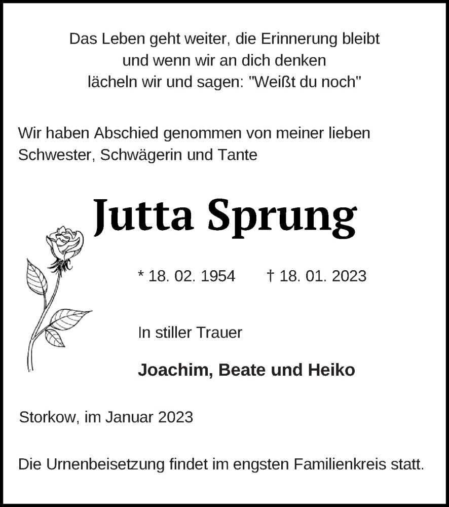  Traueranzeige für Jutta Sprung vom 24.01.2023 aus Templiner Zeitung
