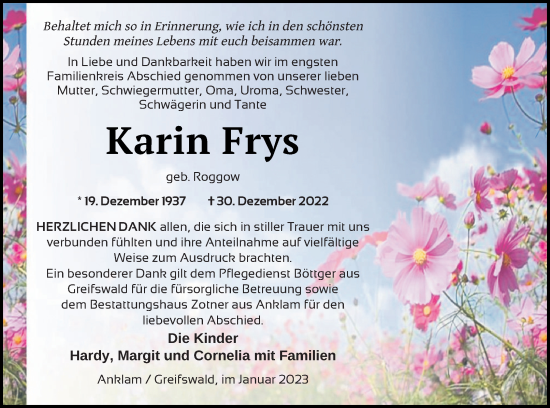 Traueranzeige von Karin Frys von Vorpommern Kurier