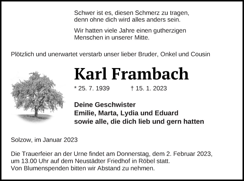  Traueranzeige für Karl Frambach vom 24.01.2023 aus Müritz-Zeitung