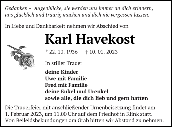 Traueranzeige von Karl Havekost von Müritz-Zeitung