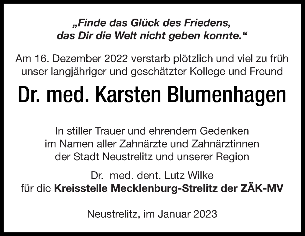  Traueranzeige für Karsten Blumenhagen vom 14.01.2023 aus Strelitzer Zeitung