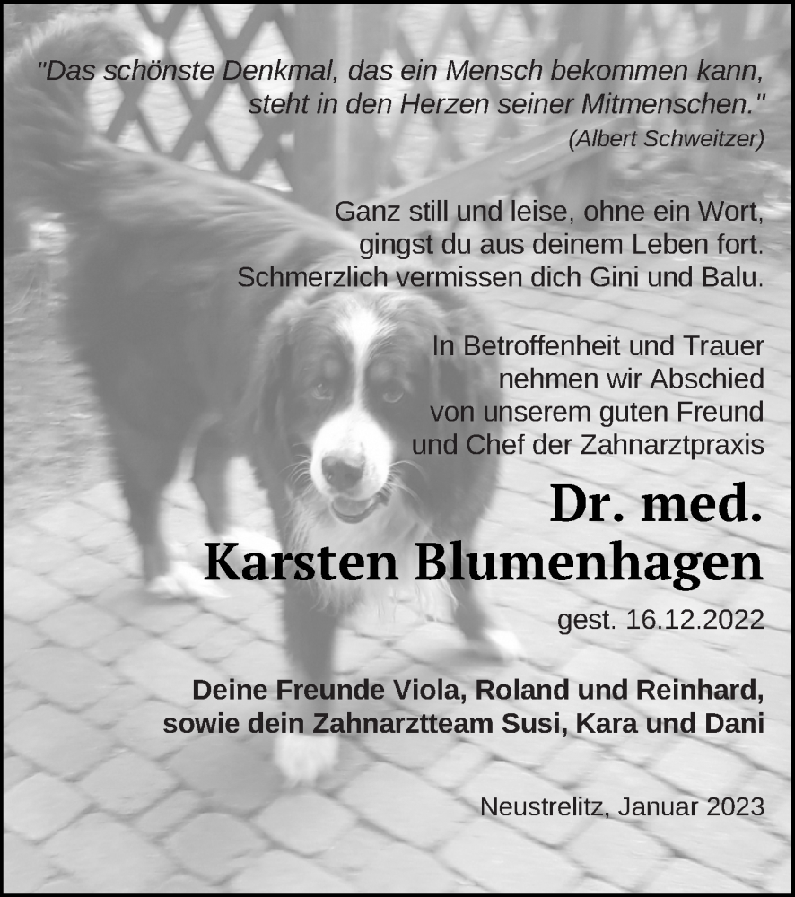  Traueranzeige für Karsten Blumenhagen vom 06.01.2023 aus Strelitzer Zeitung