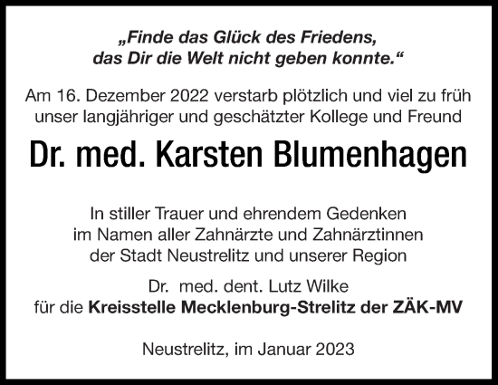 Traueranzeige von Karsten Blumenhagen von Strelitzer Zeitung