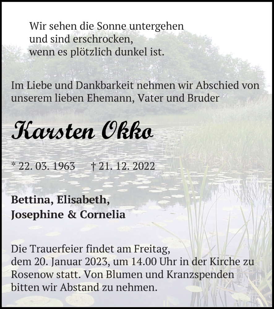  Traueranzeige für Karsten Okko vom 07.01.2023 aus Neubrandenburger Zeitung