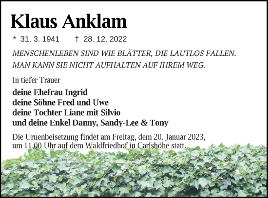 Traueranzeige von Klaus Anklam von Neubrandenburger Zeitung