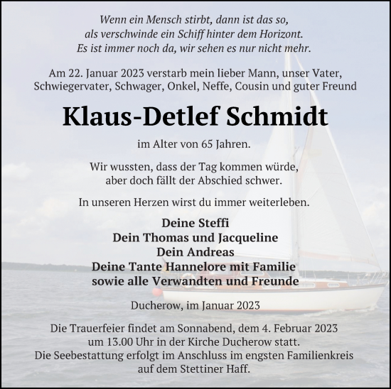 Traueranzeige von Klaus-Detlef Schmidt von Vorpommern Kurier