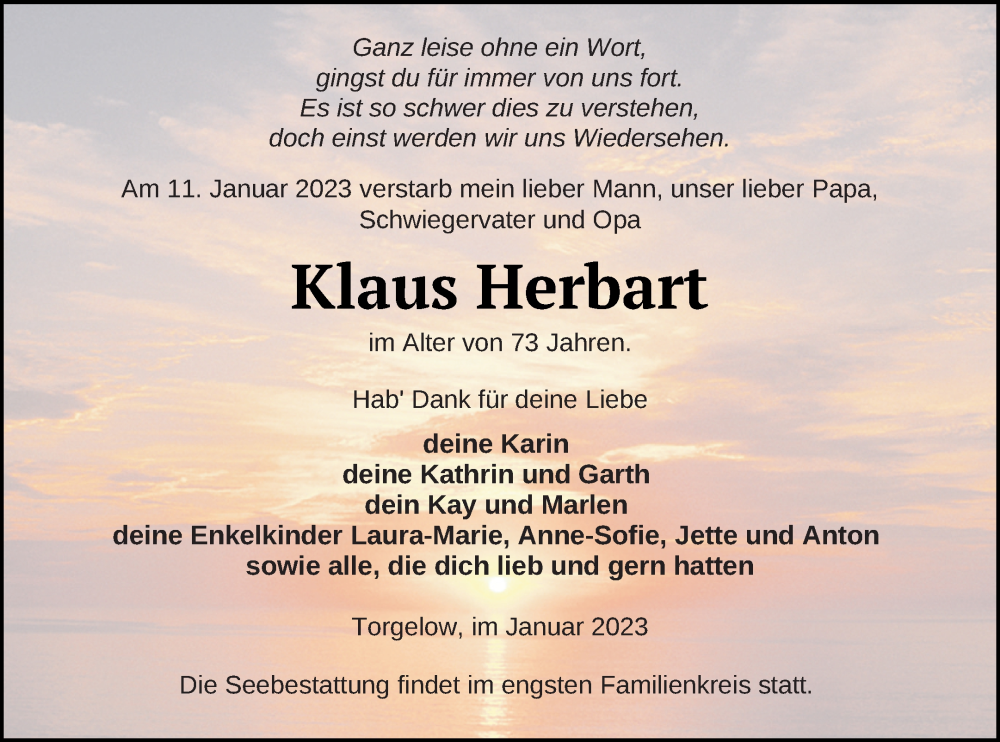  Traueranzeige für Klaus Herbart vom 20.01.2023 aus Haff-Zeitung