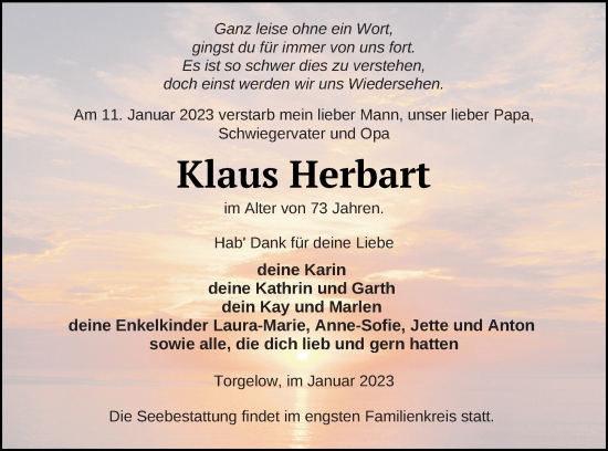 Traueranzeige von Klaus Herbart von Haff-Zeitung