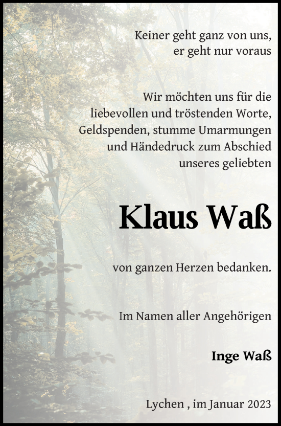 Traueranzeige von Klaus Waß von Templiner Zeitung