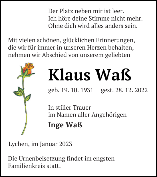 Traueranzeige von Klaus Waß von Templiner Zeitung