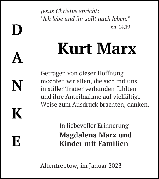 Traueranzeige von Kurt Marx von Neubrandenburger Zeitung