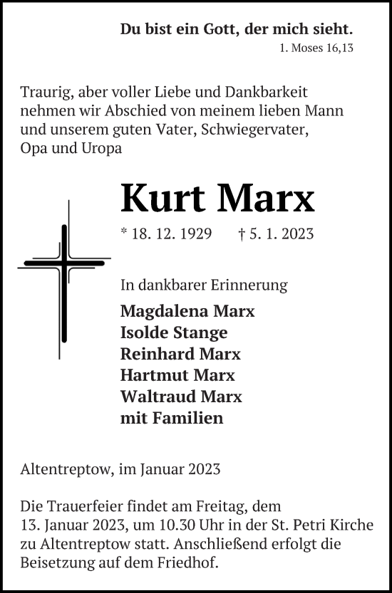 Traueranzeige von Kurt Marx von Neubrandenburger Zeitung