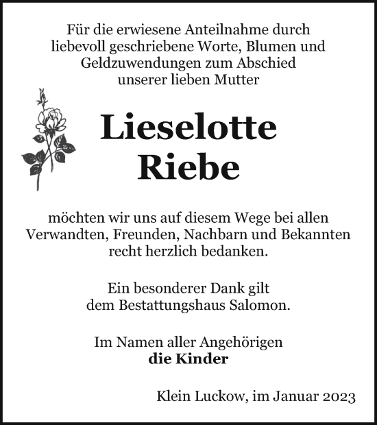 Traueranzeige von Lieselotte Riebe von Pasewalker Zeitung