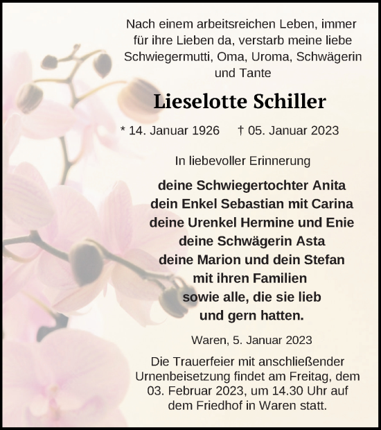 Traueranzeige von Lieselotte Schiller von Müritz-Zeitung