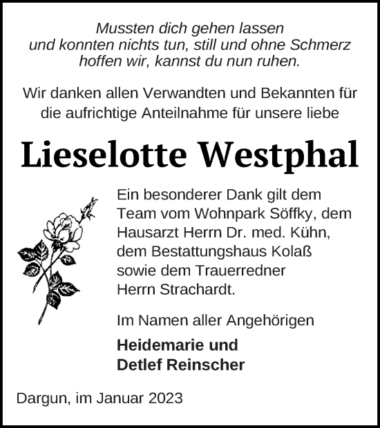 Traueranzeige von Lieselotte Westphal von Mecklenburger Schweiz