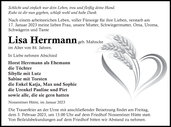 Traueranzeige von Lisa Herrmann von Müritz-Zeitung