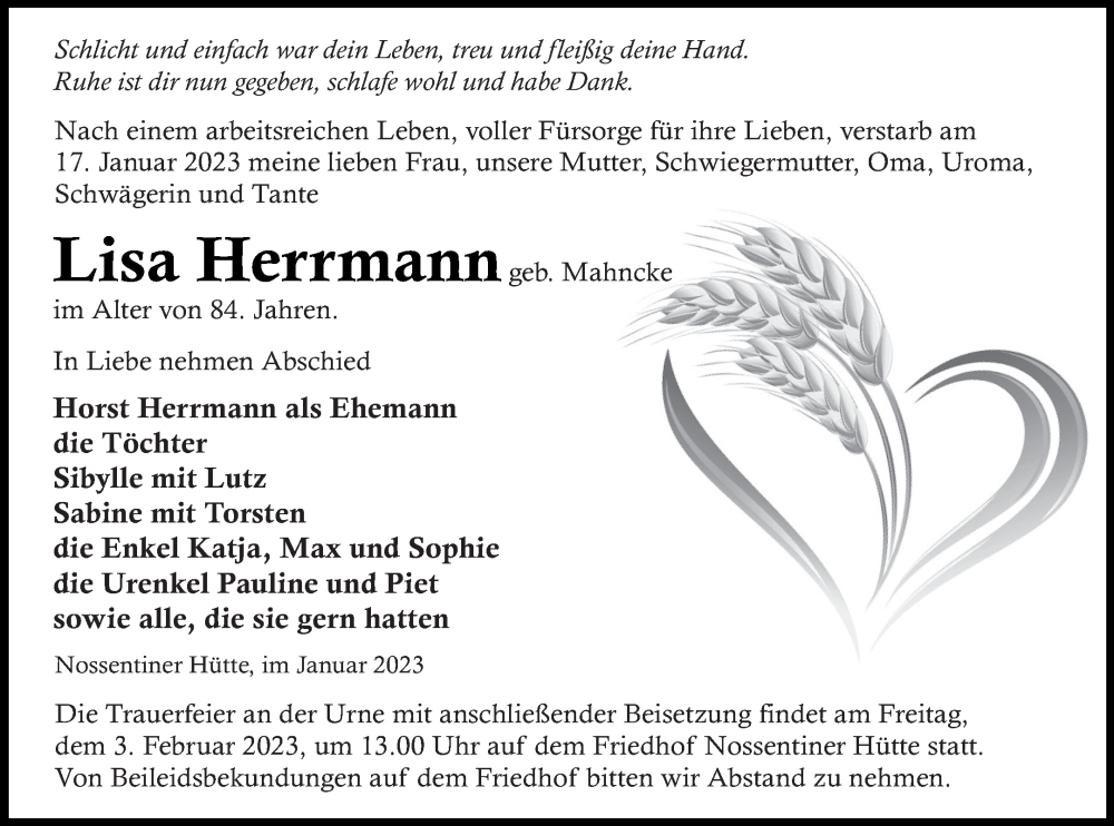 Traueranzeige für Lisa Herrmann vom 21.01.2023 aus Müritz-Zeitung