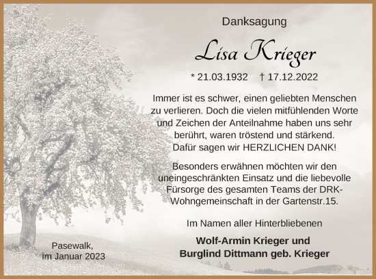 Traueranzeige von Lisa Krieger von Pasewalker Zeitung