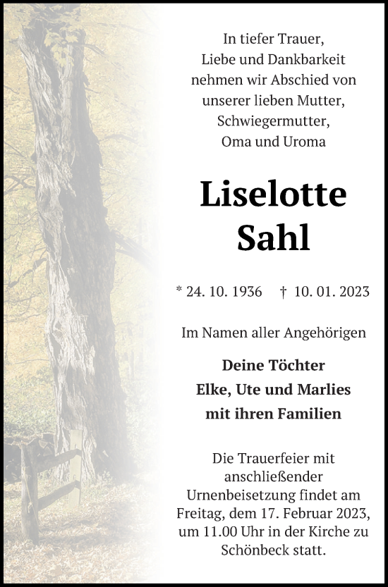 Traueranzeige von Liselotte Sahl von Strelitzer Zeitung