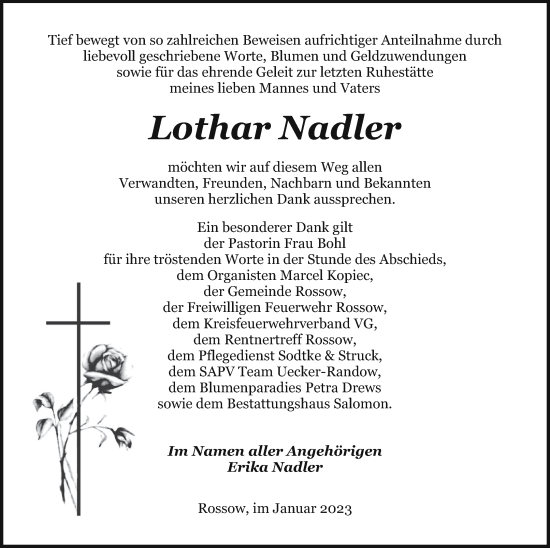 Traueranzeige von Lothar Nadler von Pasewalker Zeitung