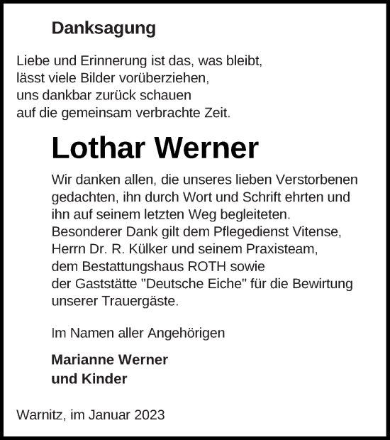 Traueranzeige von Lothar Werner von Prenzlauer Zeitung