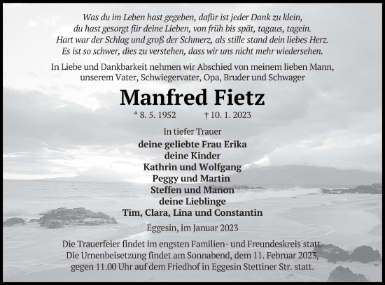 Traueranzeige von Manfred Fietz von Haff-Zeitung