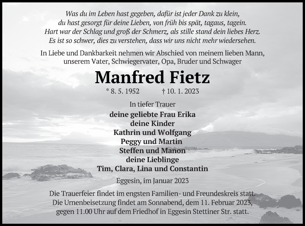 Traueranzeige für Manfred Fietz vom 21.01.2023 aus Haff-Zeitung