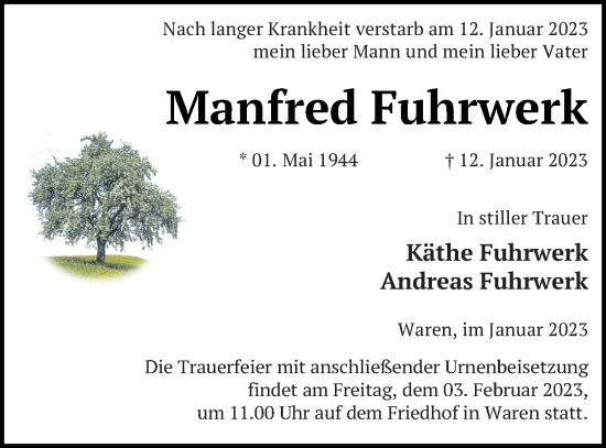 Traueranzeige von Manfred Fuhrwerk von Müritz-Zeitung