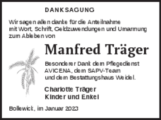 Traueranzeige von Manfred Träger von Müritz-Zeitung