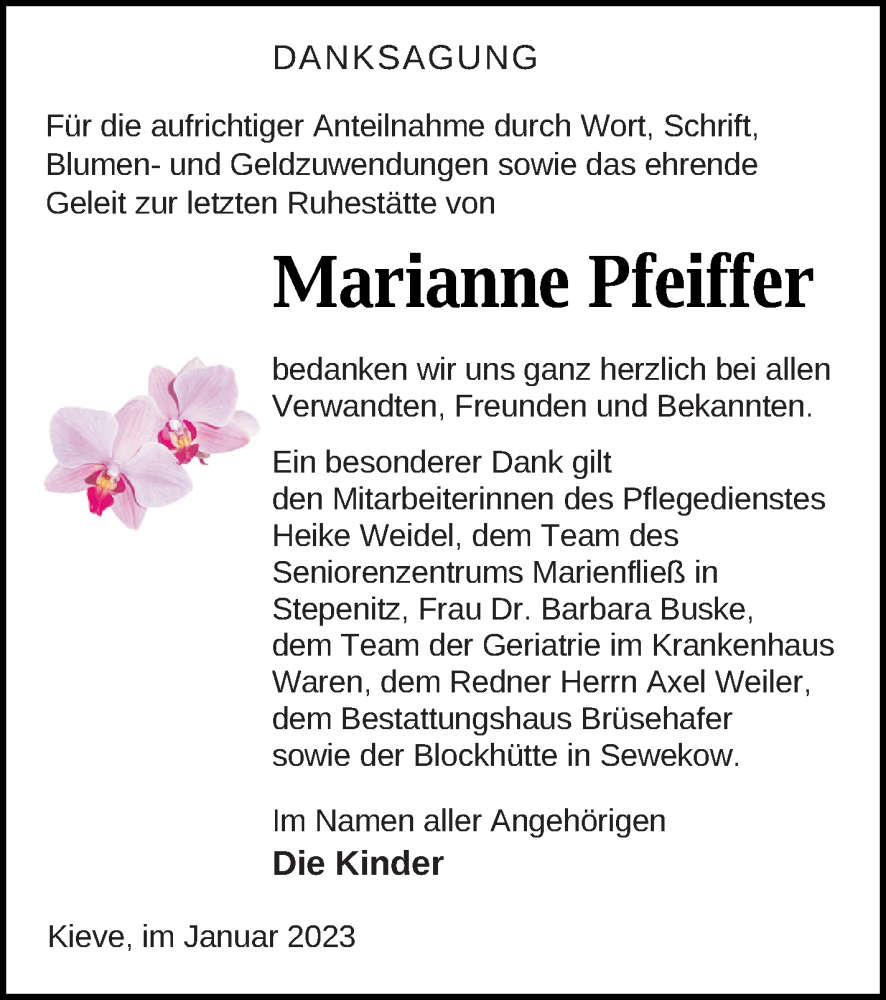  Traueranzeige für Marianne Pfeiffer vom 31.01.2023 aus Müritz-Zeitung