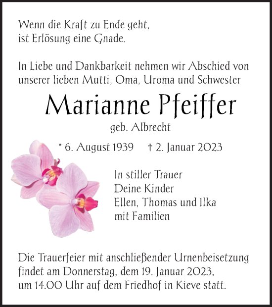 Traueranzeige von Marianne Pfeiffer von Müritz-Zeitung