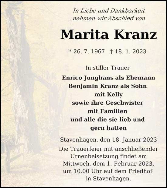 Traueranzeige von Marita Kranz von Mecklenburger Schweiz