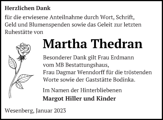 Traueranzeige von Martha Thedran von Strelitzer Zeitung