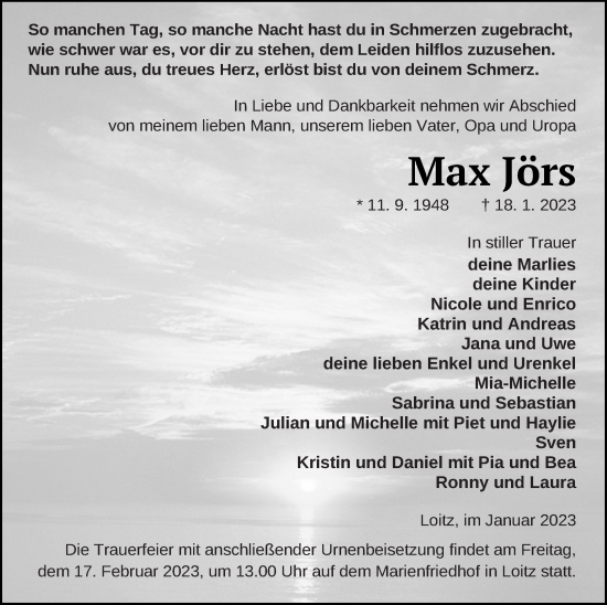 Traueranzeige von Max Jörs von Vorpommern Kurier