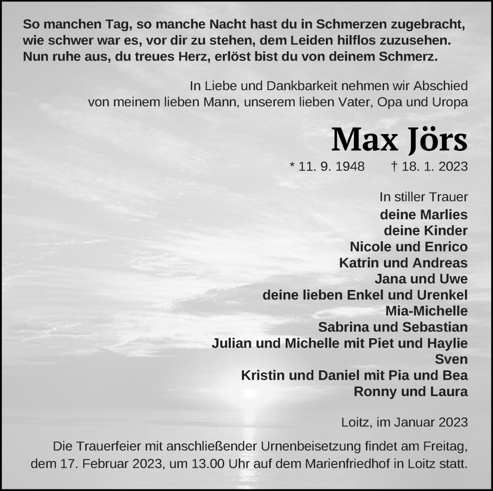  Traueranzeige für Max Jörs vom 24.01.2023 aus Vorpommern Kurier