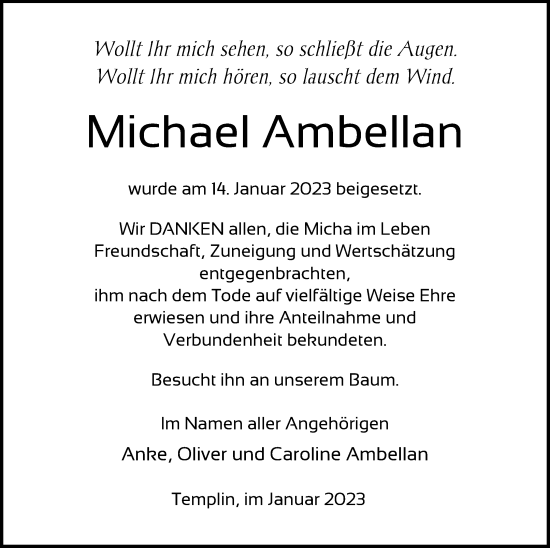 Traueranzeige von Michael Ambellan von Templiner Zeitung