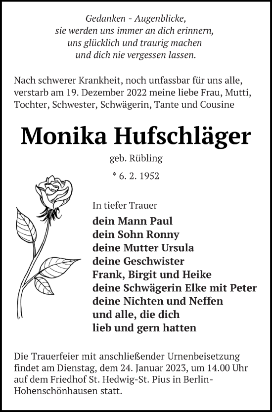 Traueranzeige von Monika Hufschläger von Strelitzer Zeitung