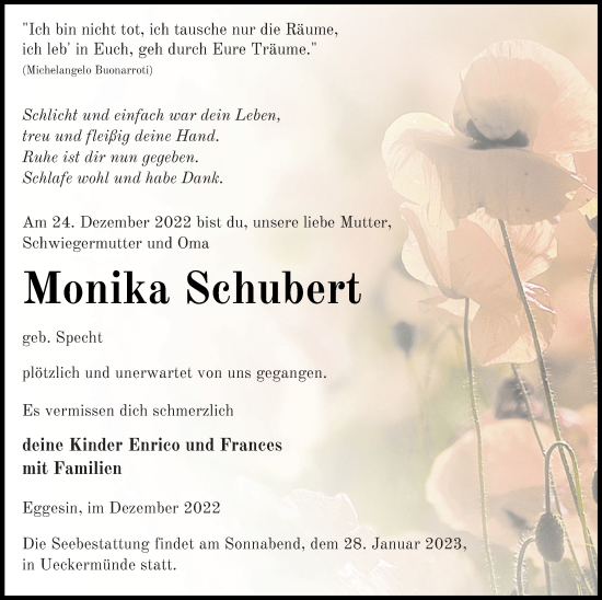 Traueranzeige von Monika Schubert von Haff-Zeitung