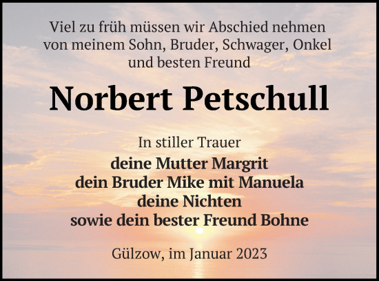 Traueranzeige von Norbert Petschull von Mecklenburger Schweiz