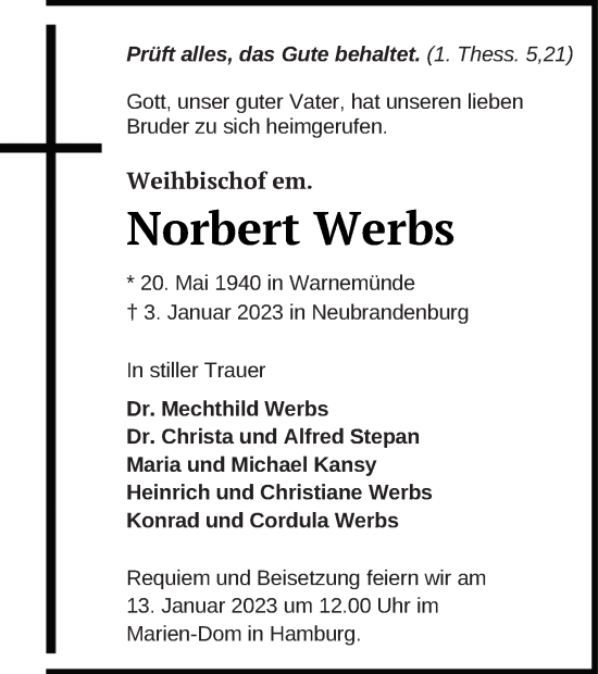 Traueranzeige von Norbert Werbs von Mecklenburger Schweiz