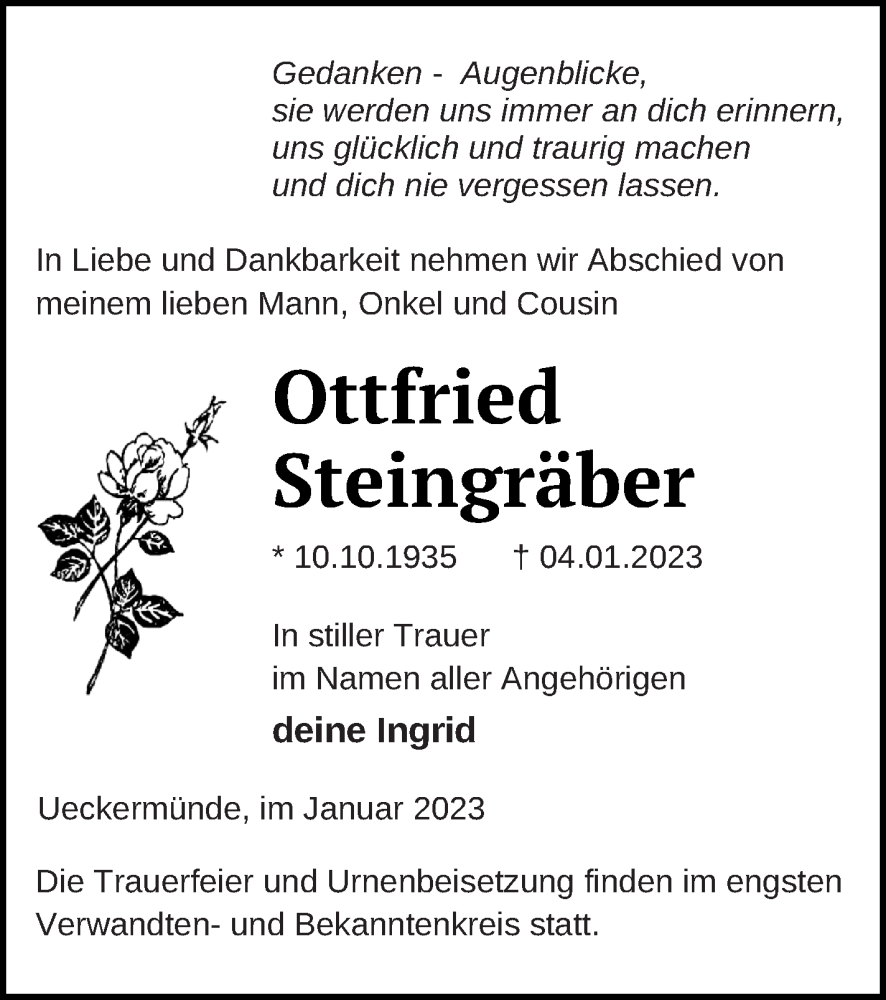  Traueranzeige für Ottfried Steingräber vom 13.01.2023 aus Haff-Zeitung
