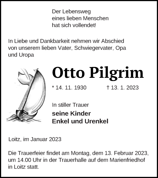 Traueranzeige von Otto Pilgrim von Vorpommern Kurier