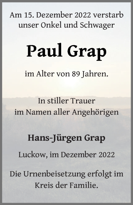 Traueranzeige von Paul Grap von Haff-Zeitung