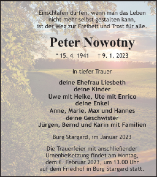 Traueranzeige von Peter Nowotny von Neubrandenburger Zeitung