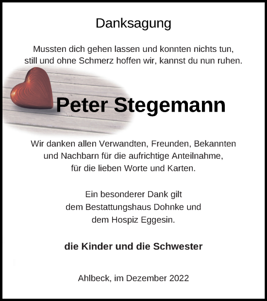 Traueranzeige von Peter Stegemann von Haff-Zeitung