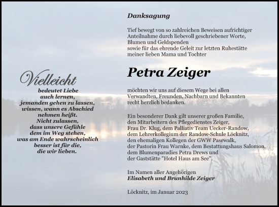 Traueranzeige von Petra Zeiger von Pasewalker Zeitung