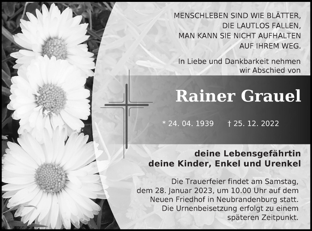  Traueranzeige für Rainer Grauel vom 03.01.2023 aus Neubrandenburger Zeitung