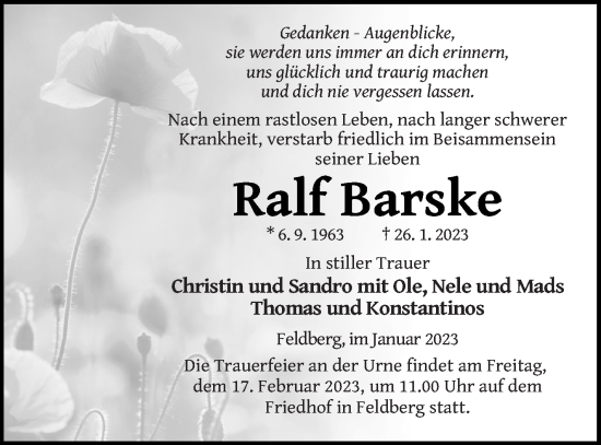 Traueranzeige von Ralf Barske von Strelitzer Zeitung